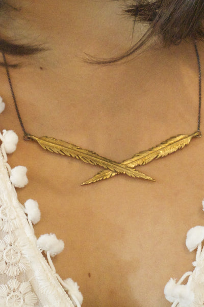 Crossed Feather Necklace Brass